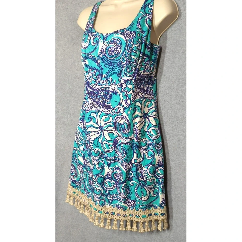 Lilly Pulitzer Eaton Dress 4 Gold Tassels Seafoam Green Whimsical Country Club - Picture 3 of 8
